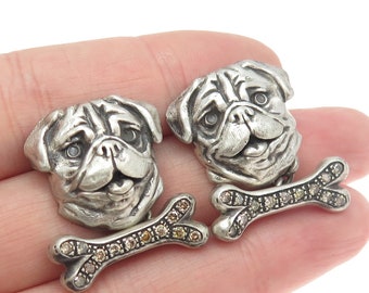 925 Sterling Silver Vintage Real Round-Cut Champagne Diamond Pug Dog Cufflinks