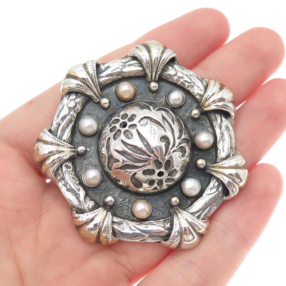925 Sterling Silver Vintage Artisan Real Pearl Flower  Sterling silver pendant or brooch main image 0
