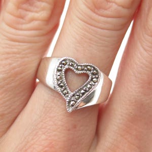 925 Sterling Silver Vintage Real Marcasite Modernist Heart Ring Size 7