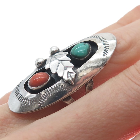 MARGARET LEE Navajo Old Pawn 925 Sterling Turquoise & Coral Ring
