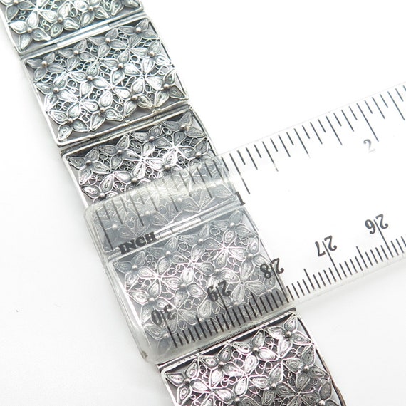 800 Silver Vintage Filigree Floral Panel Link Bra… - image 3