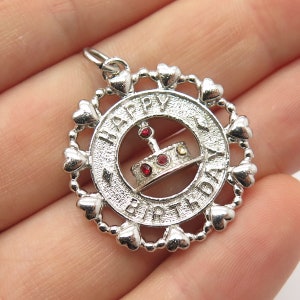925 Sterling Silver Vintage Wells Red Garnet-Tone C Z &quot;Happy Birthday&quot; Pendant