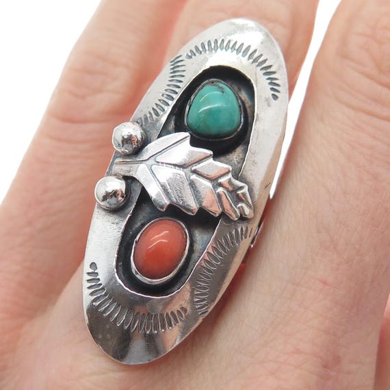 MARGARET LEE Navajo Old Pawn 925 Sterling Turquoise & Coral Ring