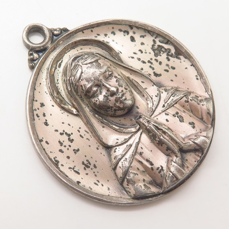 Vintage Creed 925 Sterling Silver Mary in Prayer Large Solid Religious Pendant