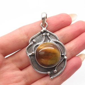 925 Sterling Silver Vintage Real Tiger Eye Gem Beaded Pendant