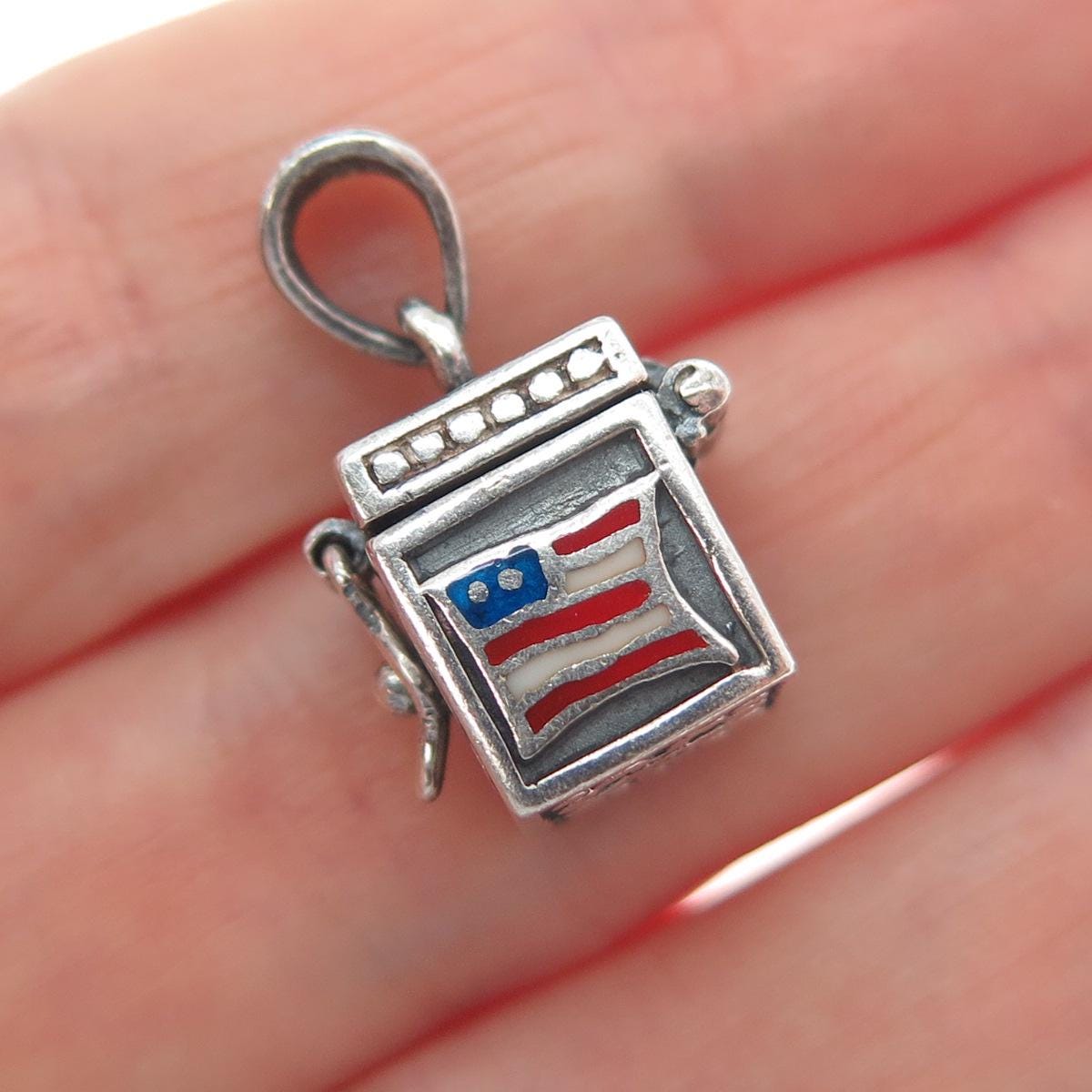 925 Sterling Silver Vintage Enamel US Flag Box Oxidized Minimalist Charm Pendant