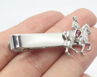 925 Sterling Silver Vintage Enamel Roman Warrior on Horse Bar Tie Clip