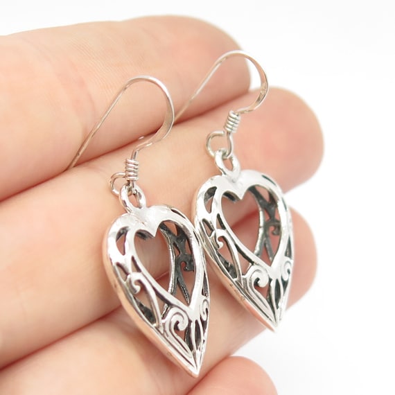 925 Sterling Silver Vintage Ornate Heart Dangling… - image 2