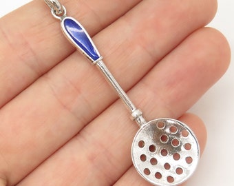 925 Sterling Silver Vintage Blue Enamel Skimmer Pendant