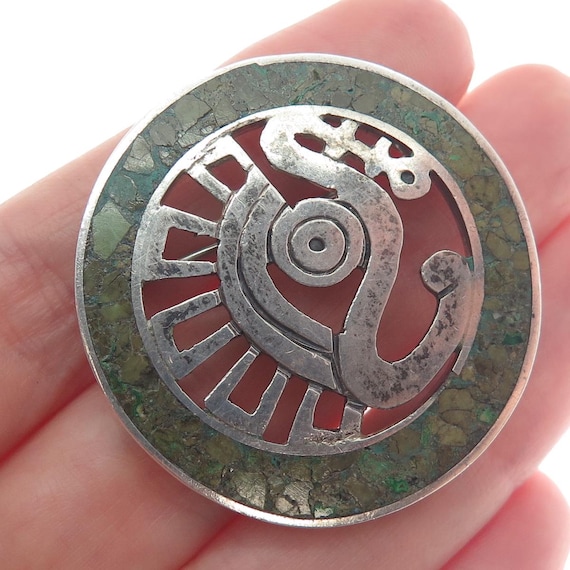MIGUEL MELENDEZ Sterling Vintage Mexico Turquoise Mayan Symbol Tribal Brooch