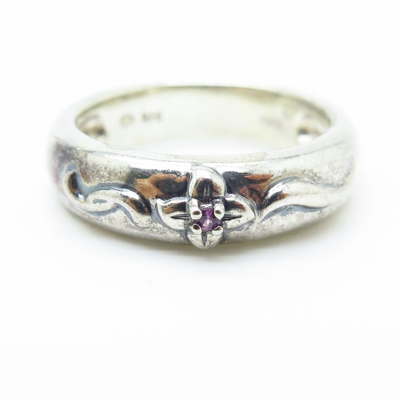 925 Sterling Silver Pink Amethyst Gemstone Floral Design Band Ring Size 8