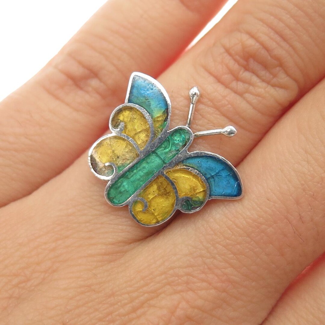 925 Sterling Silver Vintage Mexico Enamel Butterfly Ring Size 5.75 