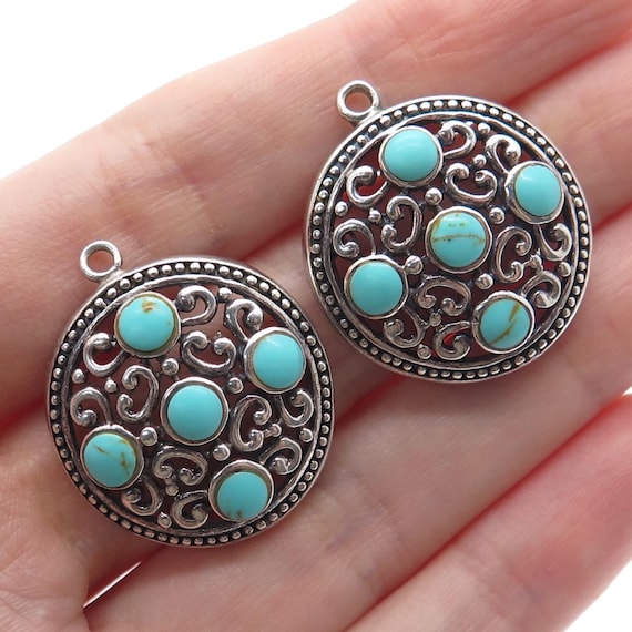 925 Sterling Silver Vintage Real Lone Mountain Turquoise Ornate Jacket Earrings