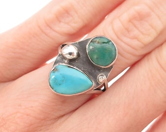 Old Pawn 925 Sterling Silver Vintage Southwestern Multi-Turquoise Ring Size 5.75