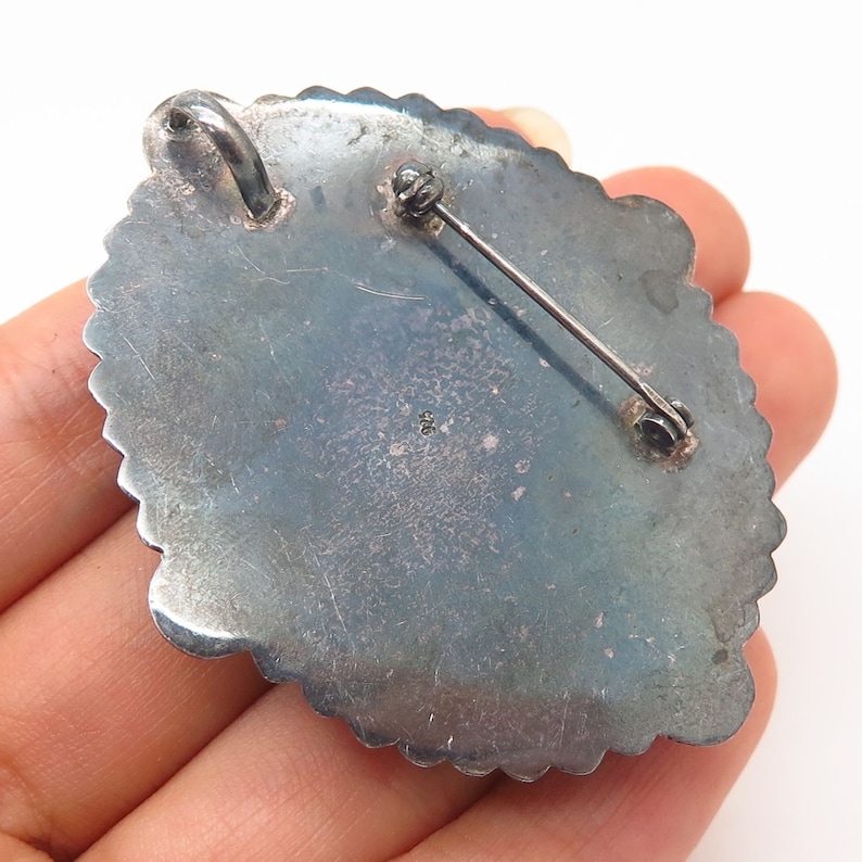 Vtg 925 Sterling Silver Real Red Agate Gemstone 2 Tone Pin BroochPendant