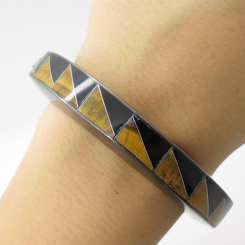 Mexico 925 Sterling Silver Tiger Eye Black Onyx Gemstone Bangle Bracelet 6 34