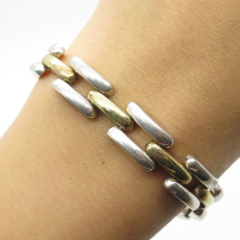 Italy 925 Sterling Silver Two Tone Wide Hollow Link Bracelet 6 34