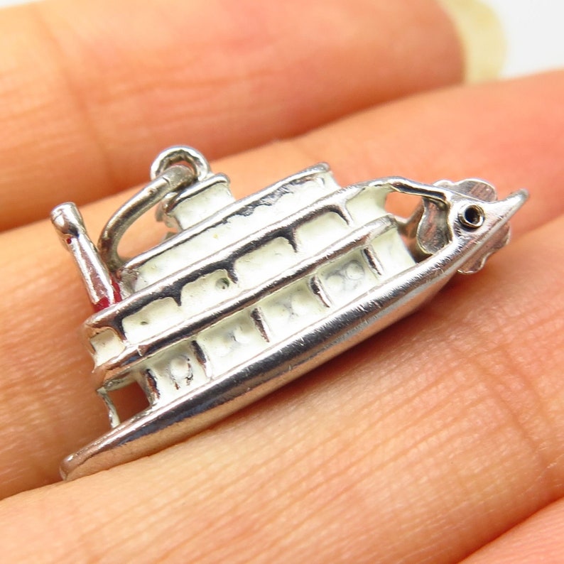 Vintage Signed 925 Sterling Silver Enamel Steamboat Moveable Charm Pendant