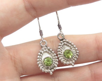 925 Sterling Silver Vintage Real Round-Cut Shaped Peridot Gem Drop Earrings