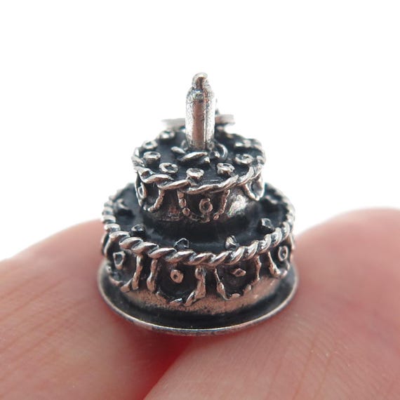 BEAU 925 Sterling Silver Antique Birthday Cake Oxidized Mini 3D Charm Pendant