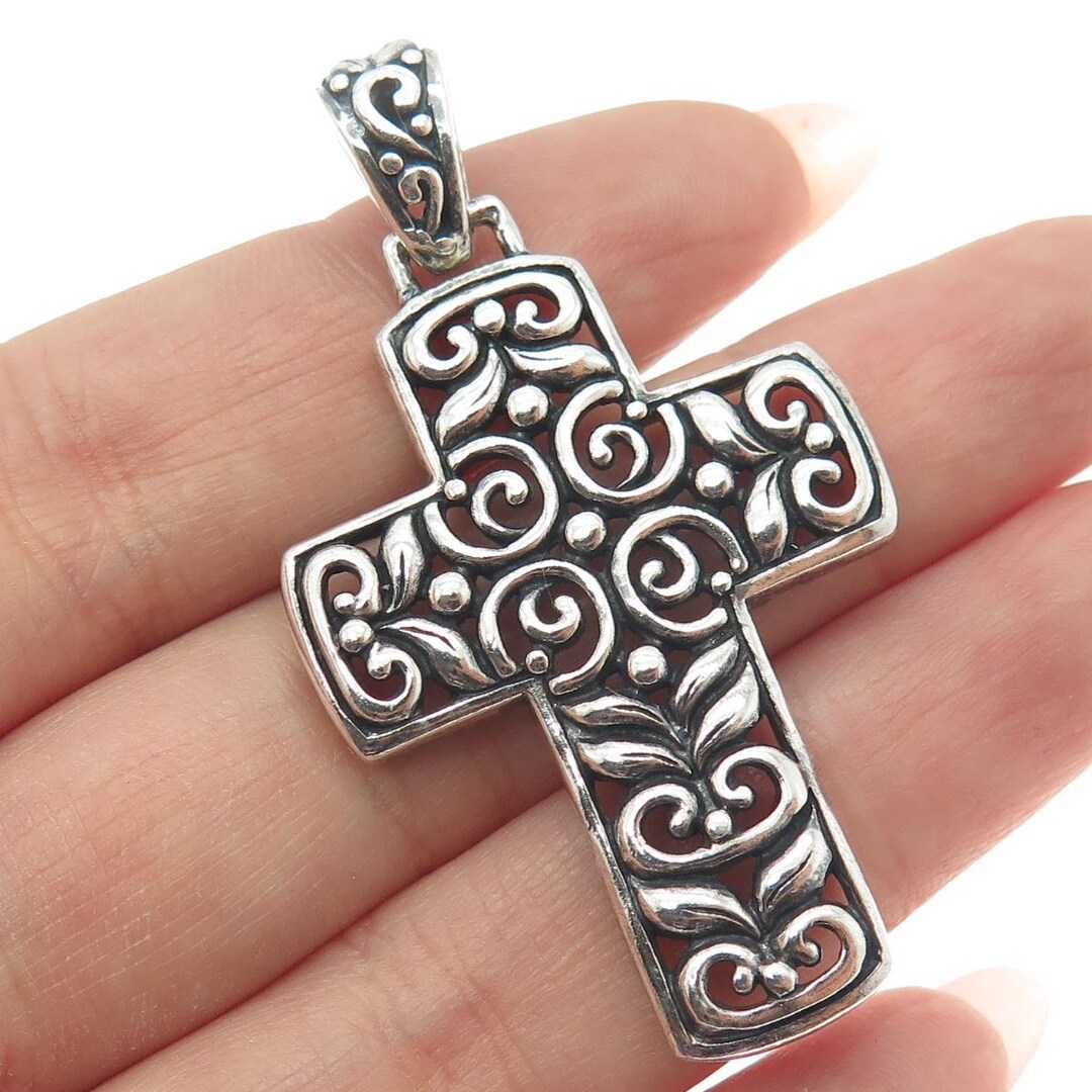 925 Sterling Silver Vintage Ornate Floral Cross Oxidized Pendant - Etsy