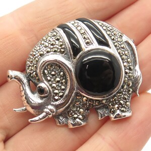 925 Sterling Silver Vintage Black Onyx and Marcasite Gem Elephant Pin Brooch