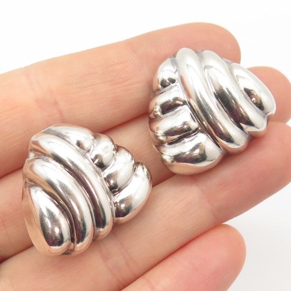 925 Sterling Silver Vintage Ribbed Hollow Clip On… - image 1