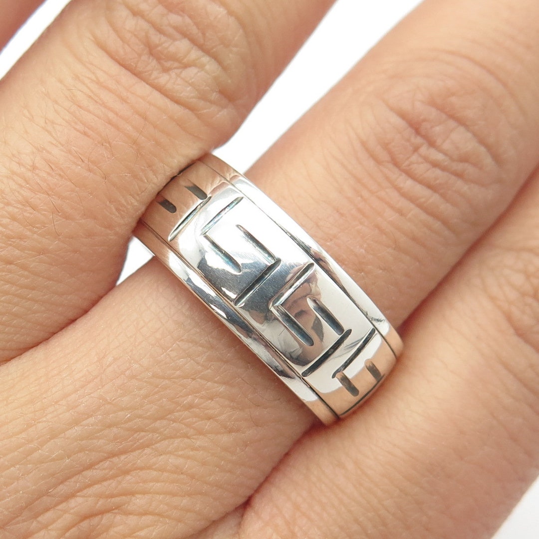 925 Sterling Silver Vintage Greek Maze Rotating Band Ring Size
