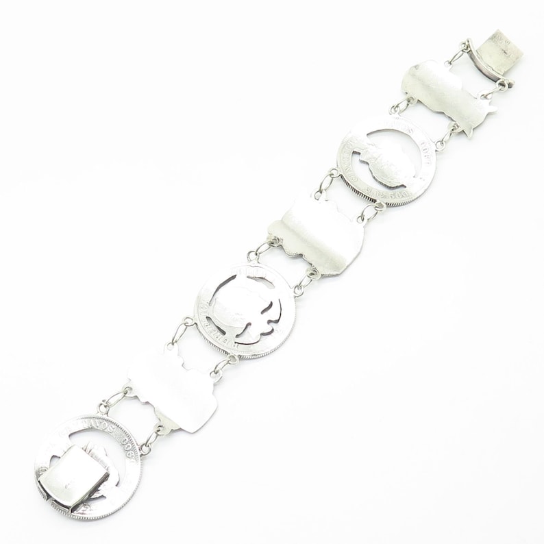 Vtg 900 Silver Colombia Coin Cutout Design and Tribal Theme Wide Link Bracelet 7