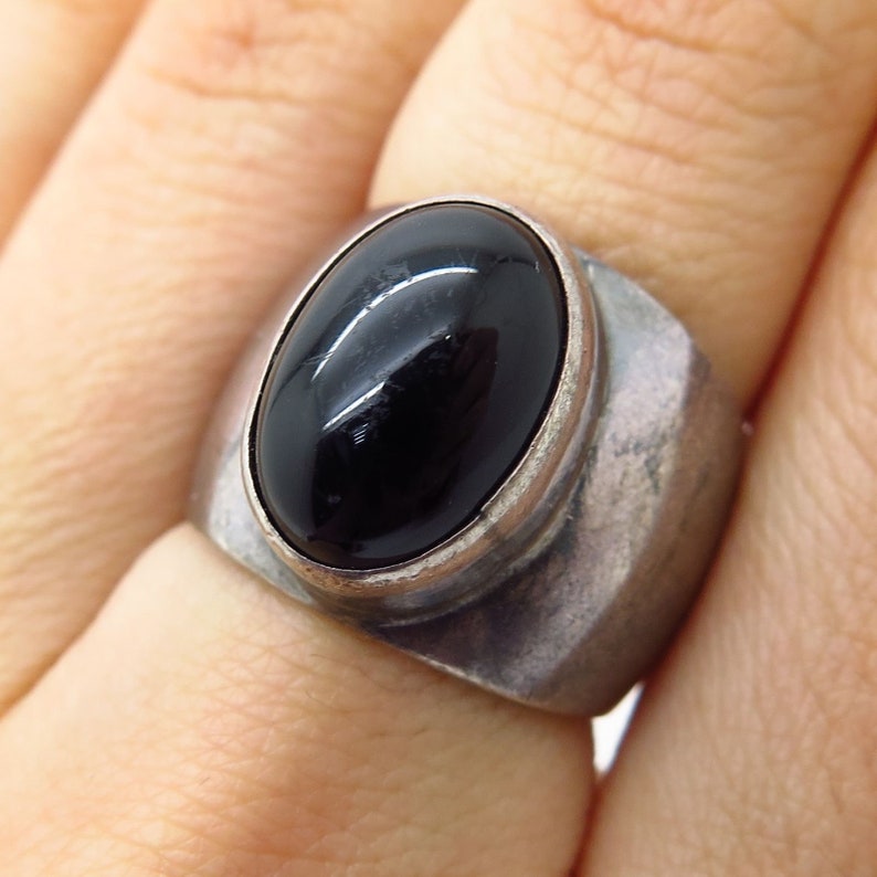 Vtg Mexico 925 Sterling Silver Real Black Onyx Gemstone Wide Ring Size 6