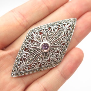 925 Sterling Silver Vintage Marcasite and Amethyst Gem Art-Deco-Style Pin Brooch