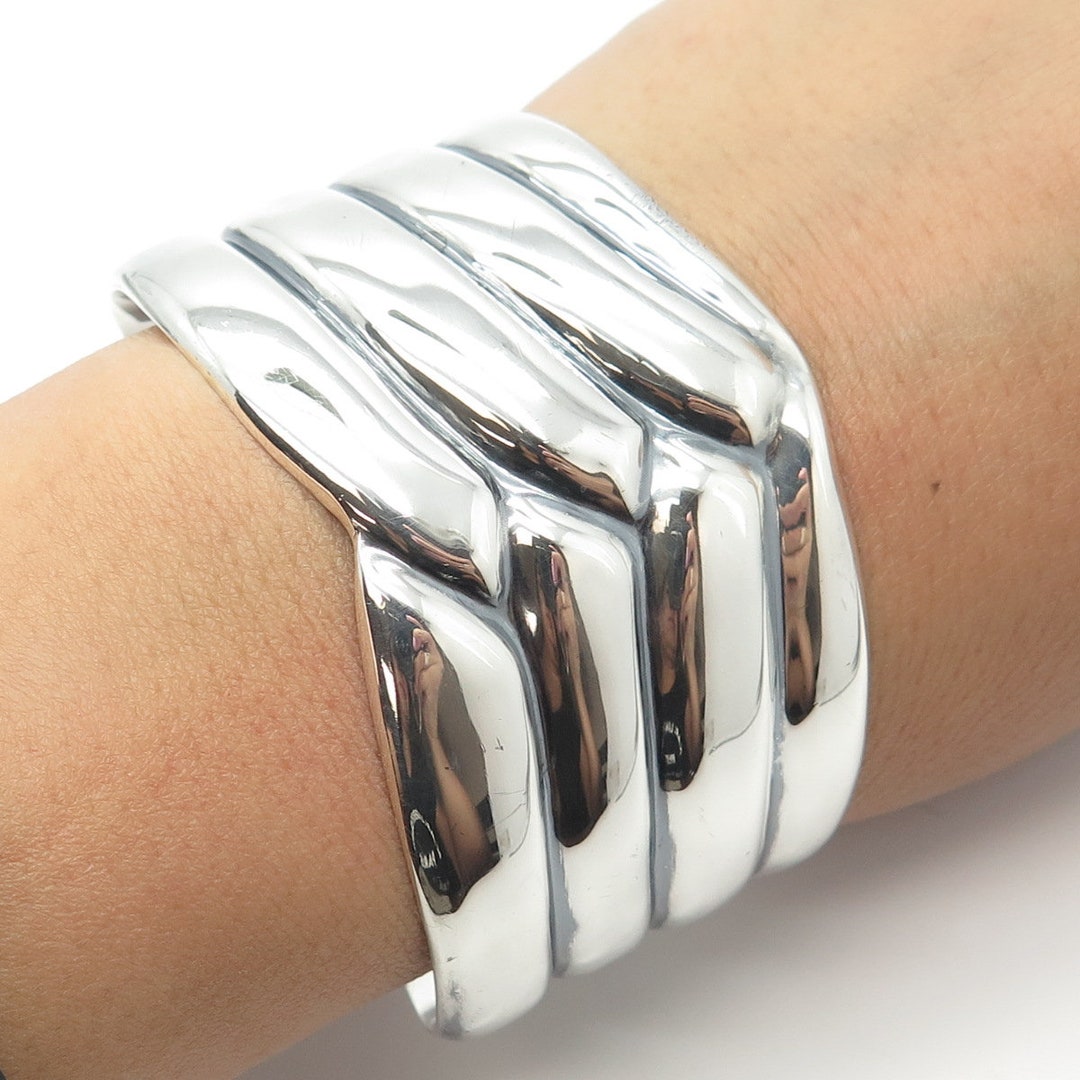 アクセサリー mexico 925 vintage bangle cuff bracelet 925 Sterling Silver Vintage Mexico ATI Ribbed Adjustable Cuff