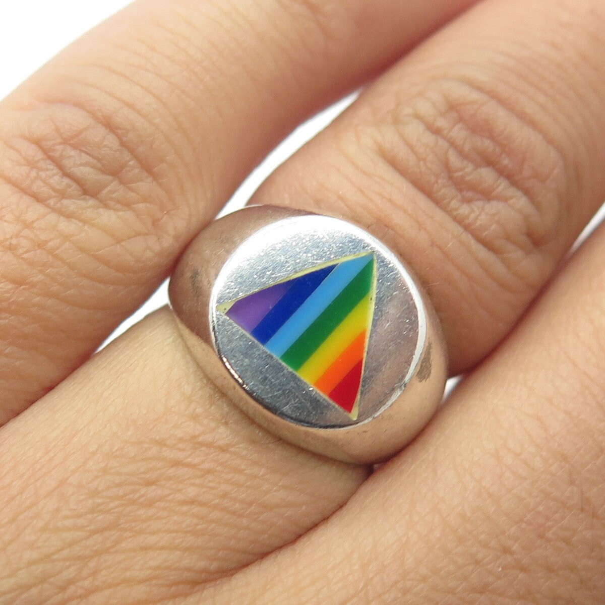 925 Sterling Silver Vintage Rainbow Enamel happy Pride Signet Ring