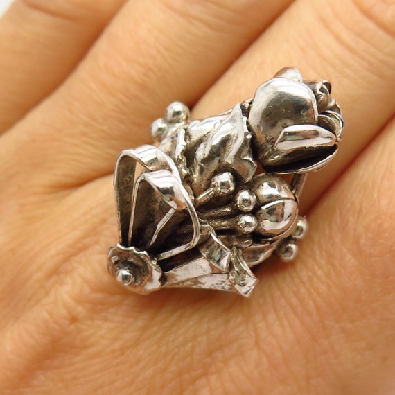 925 Sterling Silver Floral Design Wide Ring Size … - image 1