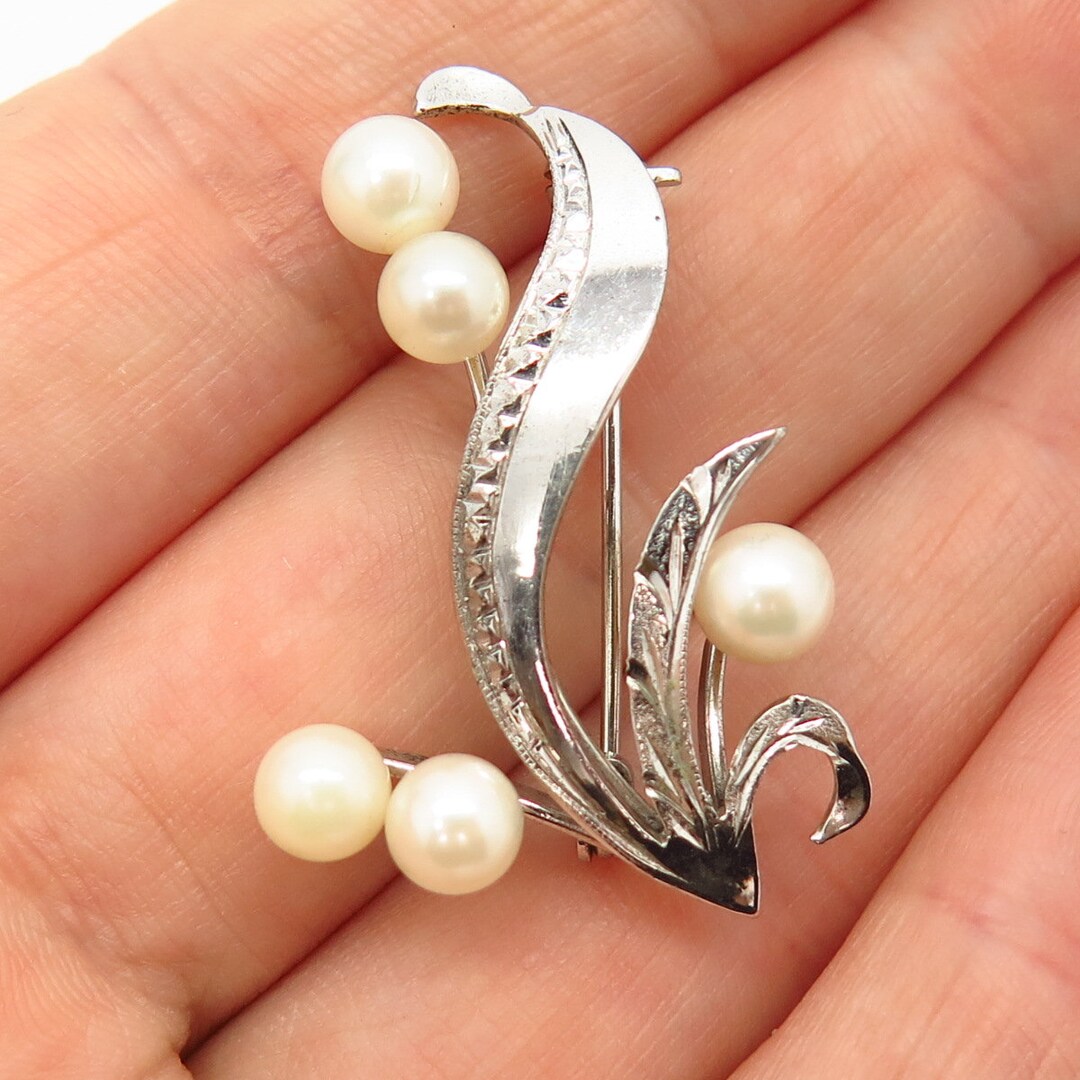 925 Sterling Silver Vintage Real Pearl Curved Leaf Design Pin Brooch - Etsy