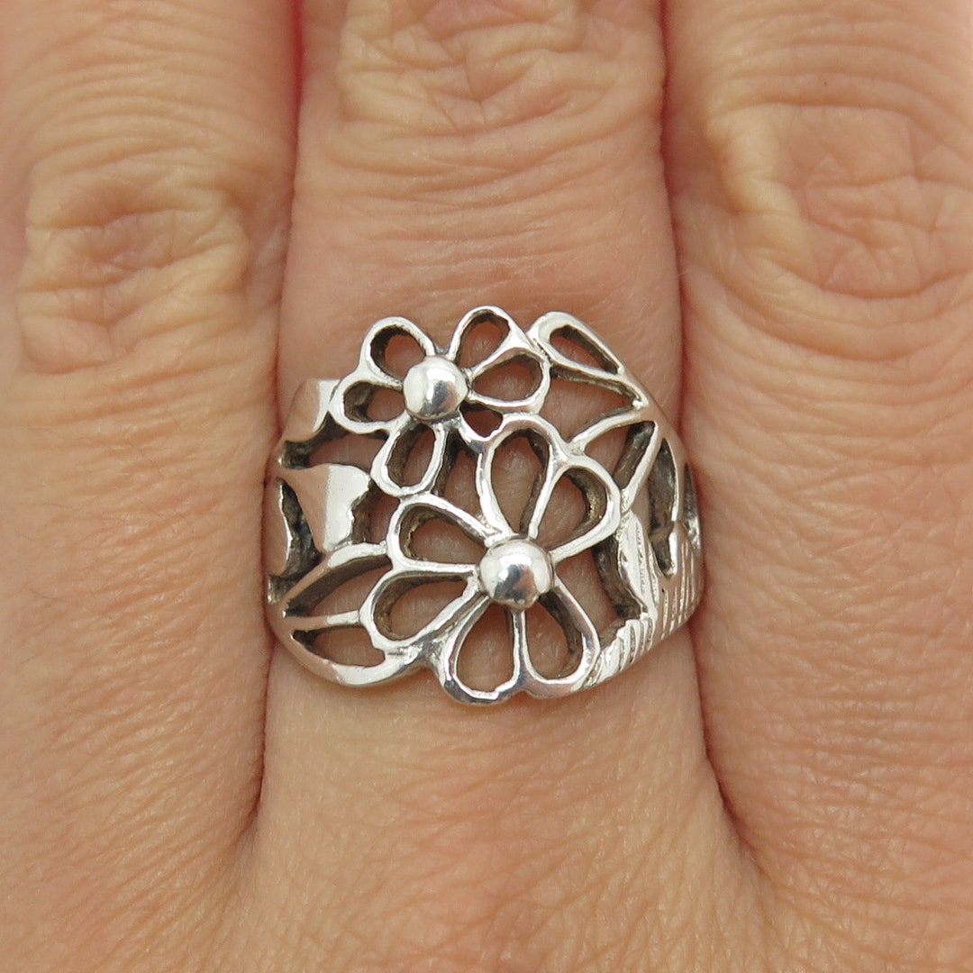 925 Sterling Silver Vintage Flowers Modernist Ring Size 7.75 Etsy