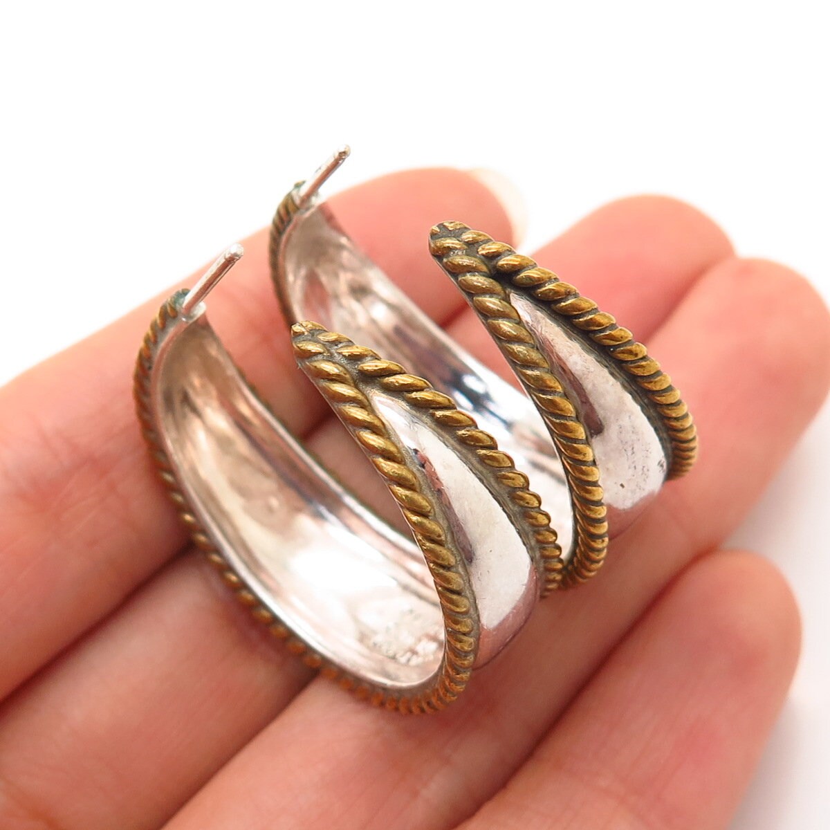 925 Sterling Silver 2-tone Vintage Mexico Half Hoop Earrings 925 Sterling Silver 2-tone Vintage Mexico Half Hoop Earrings