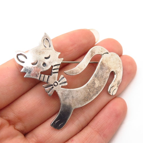 Sterling Silver 925 Vintage Cat kitty animal pet with Green Eyes patina Art Deco Jewelry Pin Brooch *171