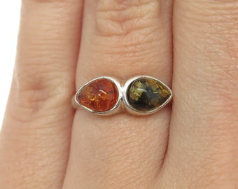 925 Sterling Silver Vintage Real Multi-Color Amber Ring Size 6