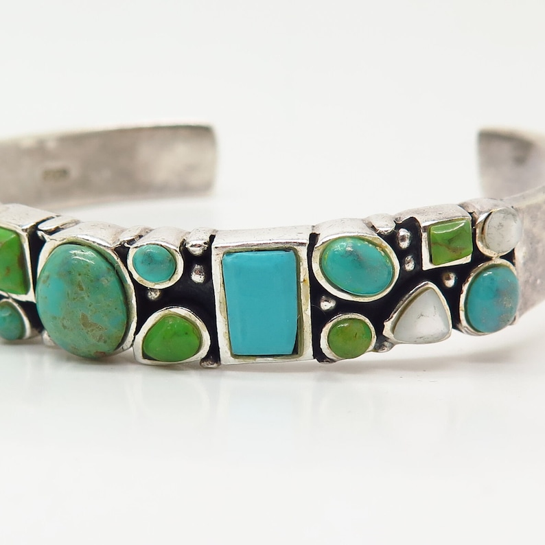 925 Sterling Vintage Multi Turquoise and Mother of Pearl Cuff Bracelet 6 34