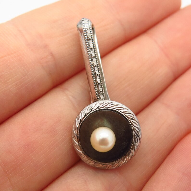 925 Sterling Silver Antique Real Abalone Shell and Pearl Tie Clip