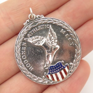 925 Sterling Silver Vintage Enamel &quot;Hoboken Athletic Meet&quot; American Flag Pendant