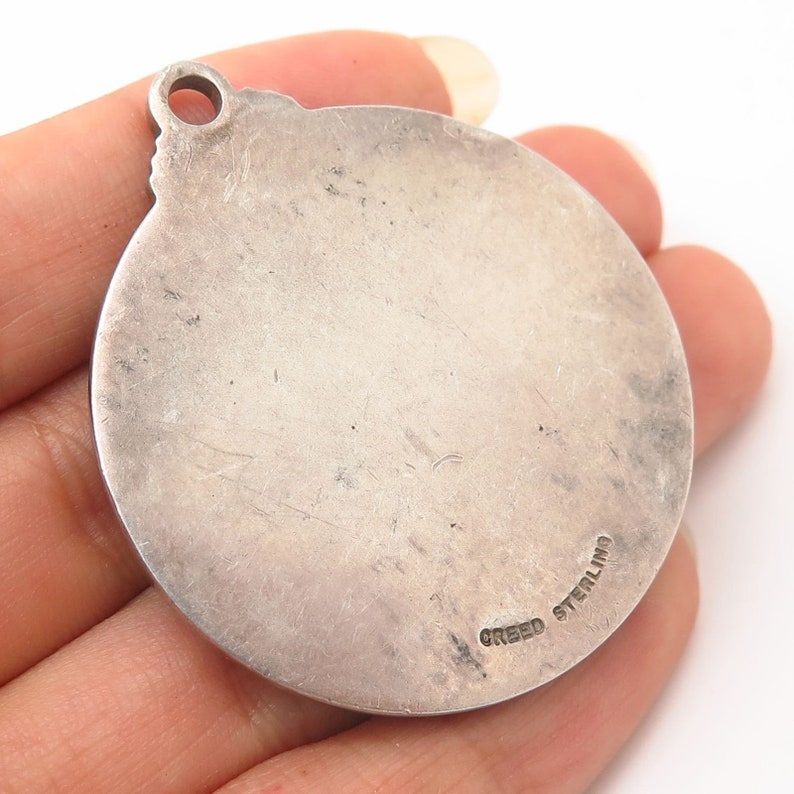 Vintage Creed 925 Sterling Silver Mary in Prayer Large Solid Religious Pendant