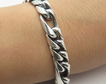 925 Sterling Silver Vintage Heavy Figaro Link Bracelet 8