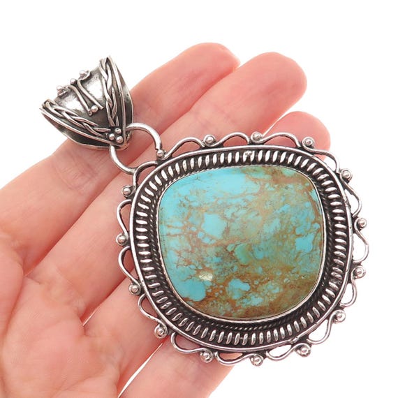 925 Sterling Silver Vintage Southwestern Real Lone Mountain Turquoise Pendant