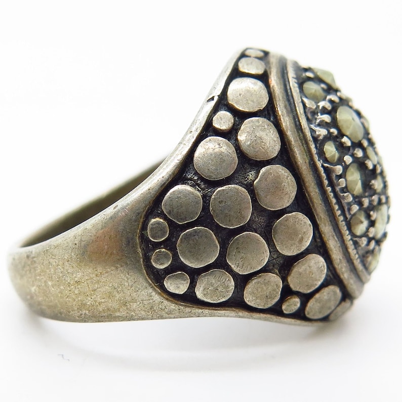 Vtg 925 Sterling Silver Marcasite Gemstone Wide Granulated Ring Size 8