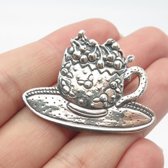 925 Sterling Silver Vintage Tea Cup w/ Cherries P… - image 1
