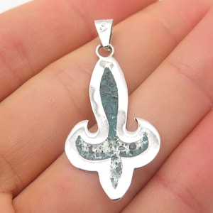925 Sterling Silver Vintage Mexico Real Turquoise Gem Inlay Fleur-de-Lis Pendant