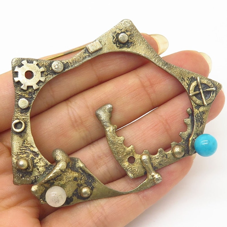 Vtg Sterling Silver Gold Plated MOP and Turquoise Bead Modernist Design Pin Brooch