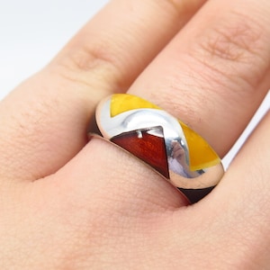 925 Sterling Silver Vintage Real Red and Scottish Amber Band Ring Size 6.25